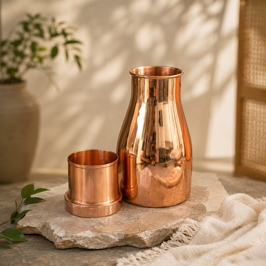 Tamtaware Pure Copper Bedside Surahi Carafe with Glass Lid (1000 ml) – Mirror Shine Tumbler Set
