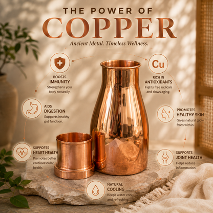 Tamtaware Pure Copper Bedside Surahi Carafe with Glass Lid (1000 ml) – Mirror Shine Tumbler Set