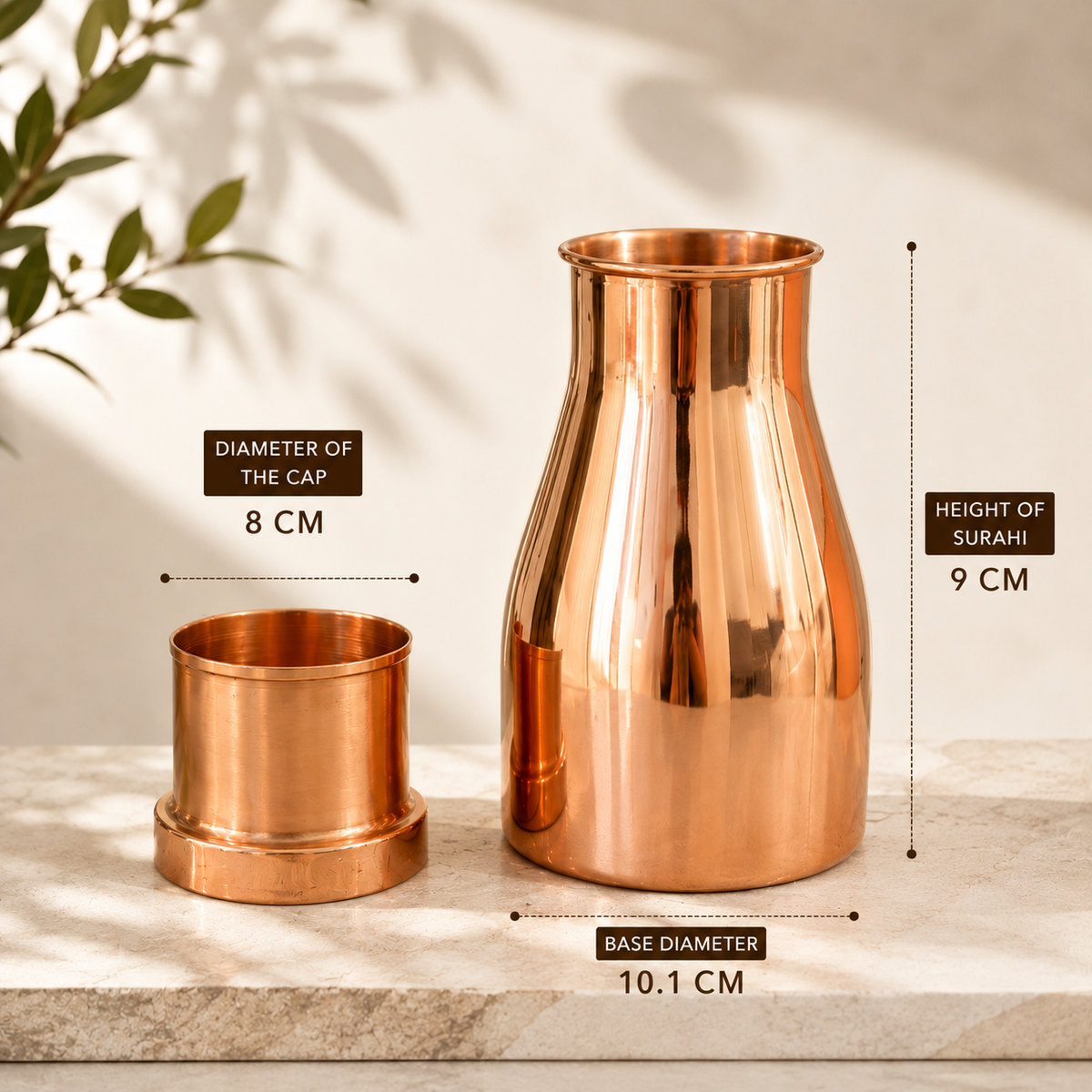 Tamtaware Pure Copper Bedside Surahi Carafe with Glass Lid (1000 ml) – Mirror Shine Tumbler Set