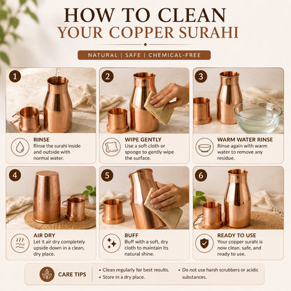Tamtaware Pure Copper Bedside Surahi Carafe with Glass Lid (1000 ml) – Mirror Shine Tumbler Set
