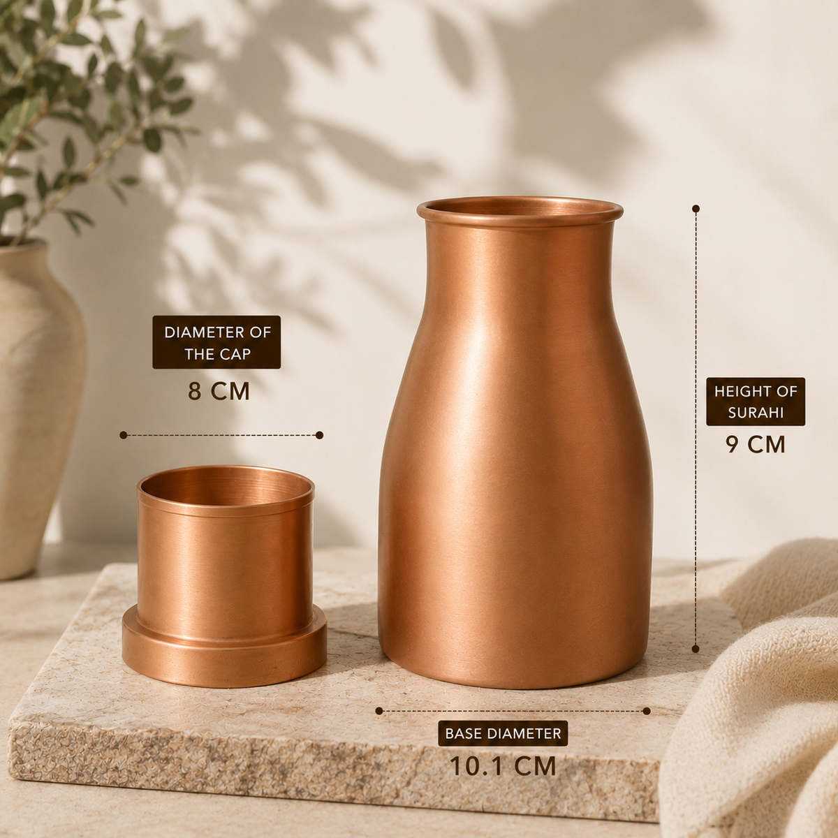 Tamtaware Pure Copper Bedside Carafe with Glass Lid (1000 ml) – Matte Satin Surahi Set