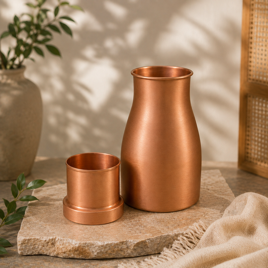 Tamtaware Pure Copper Bedside Carafe with Glass Lid (1000 ml) – Matte Satin Surahi Set