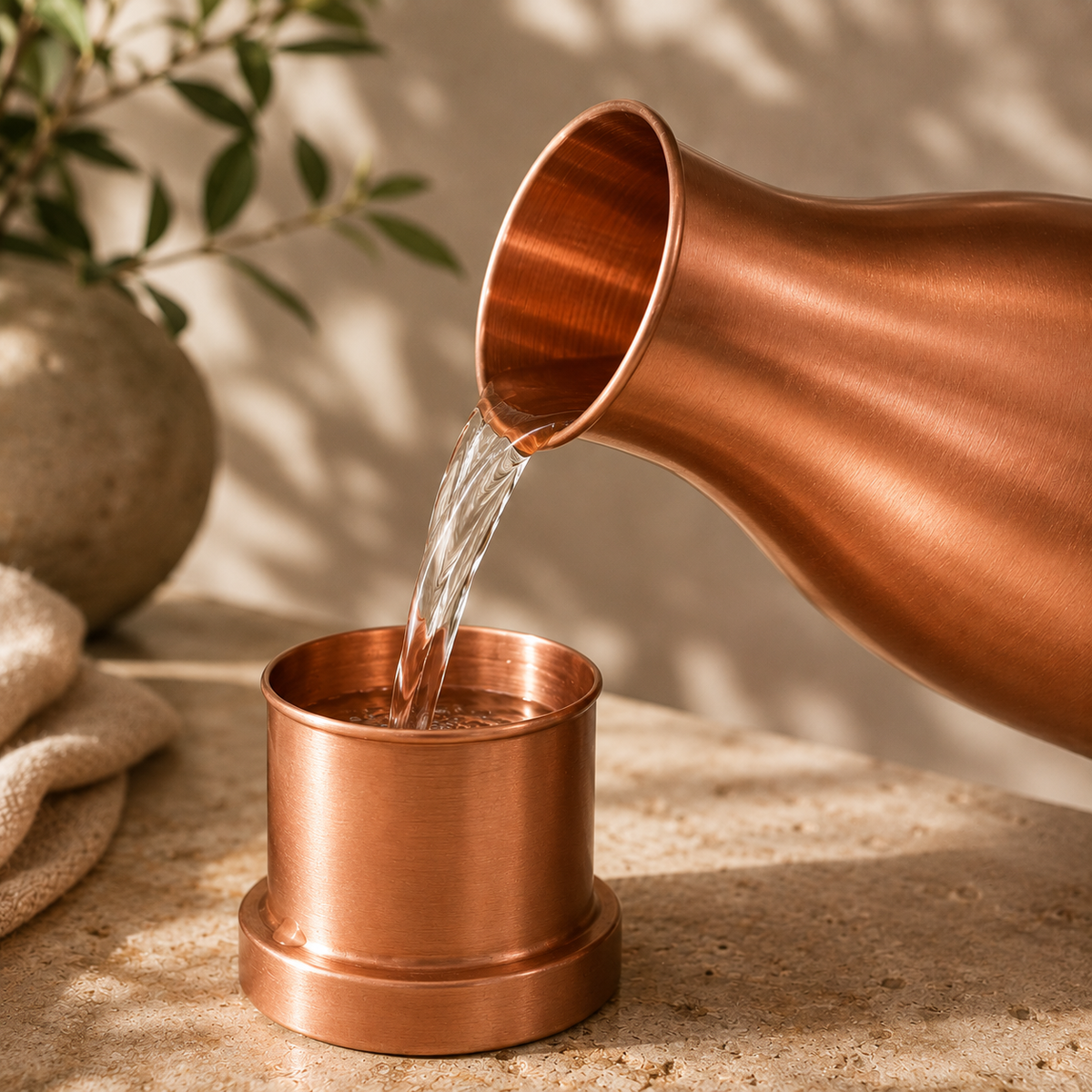 Tamtaware Pure Copper Bedside Carafe with Glass Lid (1000 ml) – Matte Satin Surahi Set