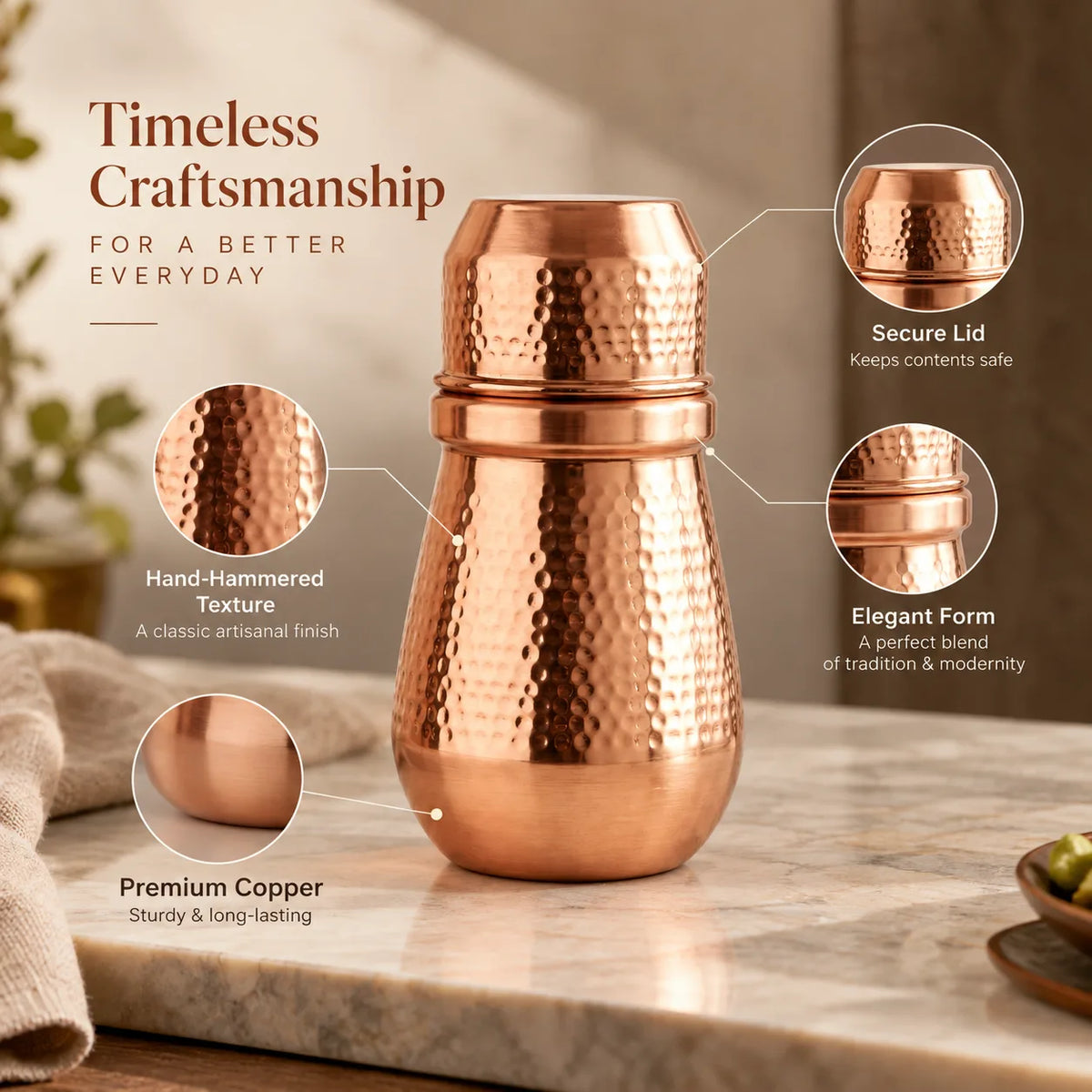 Tamtaware Pure Copper Bedside Carafe with Glass Lid (950 ml) – Hammered Finish