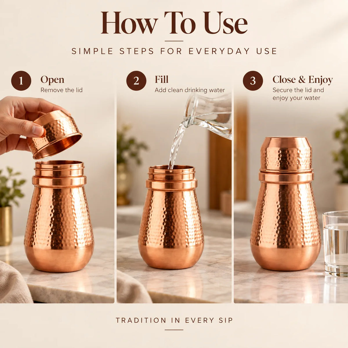 Tamtaware Pure Copper Bedside Carafe with Glass Lid (950 ml) – Hammered Finish