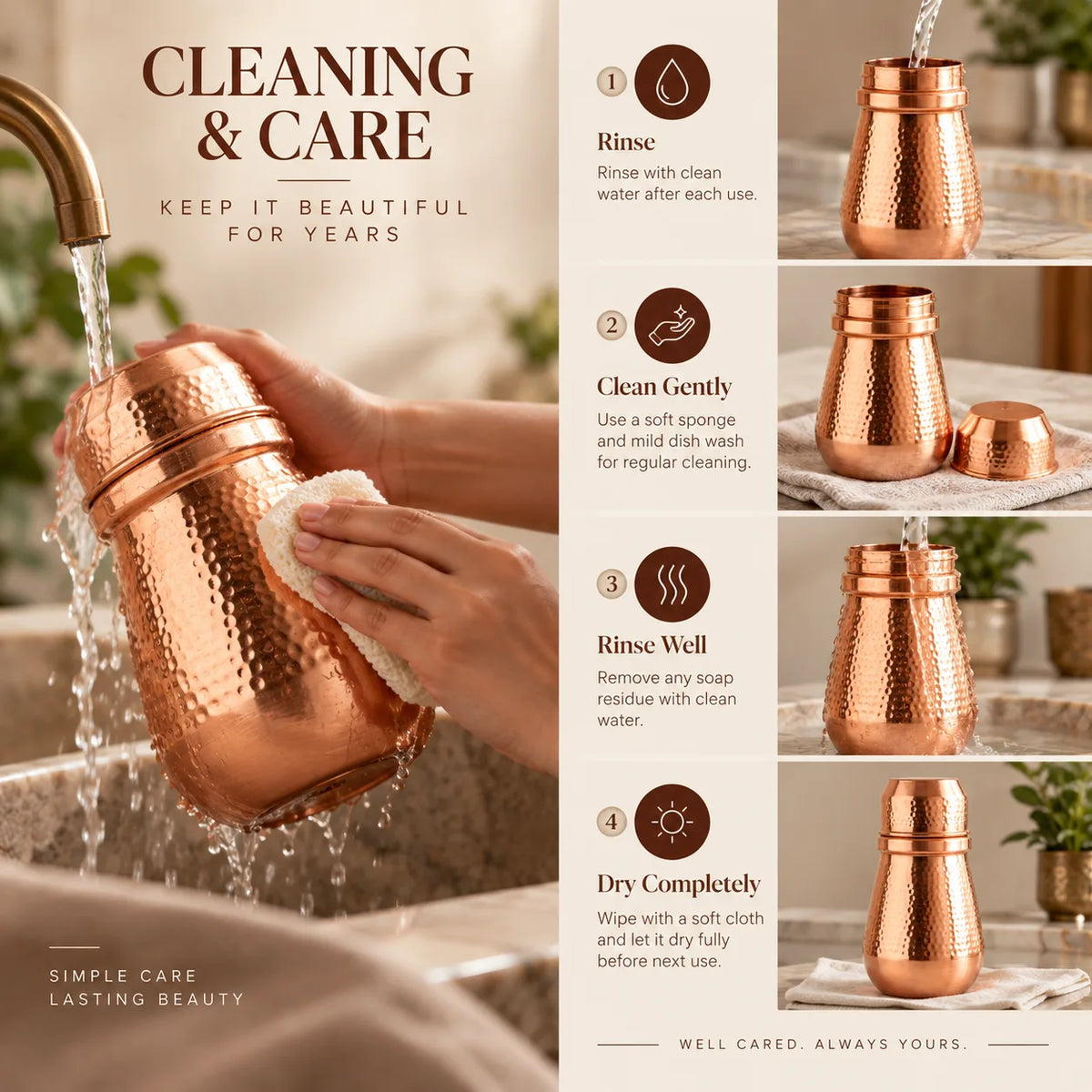 Tamtaware Pure Copper Bedside Carafe with Glass Lid (950 ml) – Hammered Finish