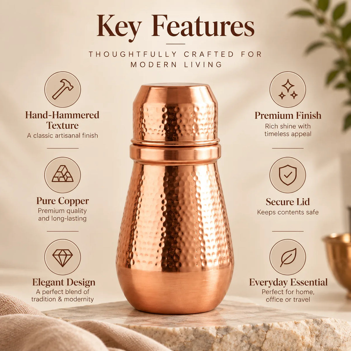 Tamtaware Pure Copper Bedside Carafe with Glass Lid (950 ml) – Hammered Finish