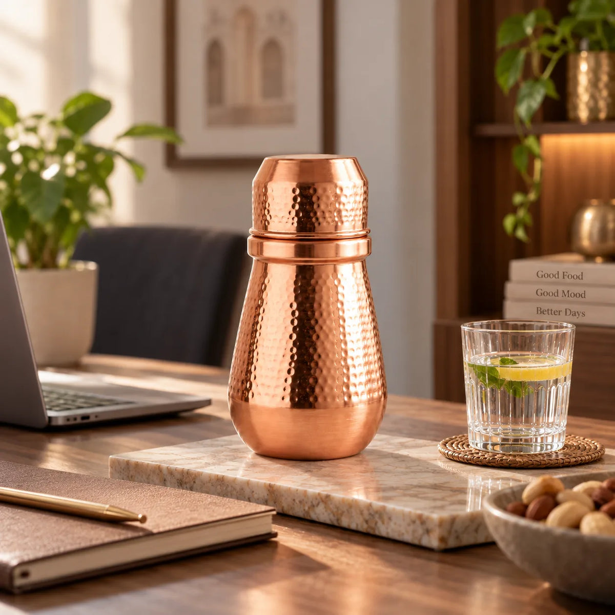 Tamtaware Pure Copper Bedside Carafe with Glass Lid (950 ml) – Hammered Finish