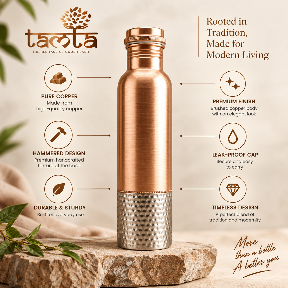 Tamtaware Handcrafted Pure Copper Water Bottle 950 ml – Dual Finish Smooth & Hammered