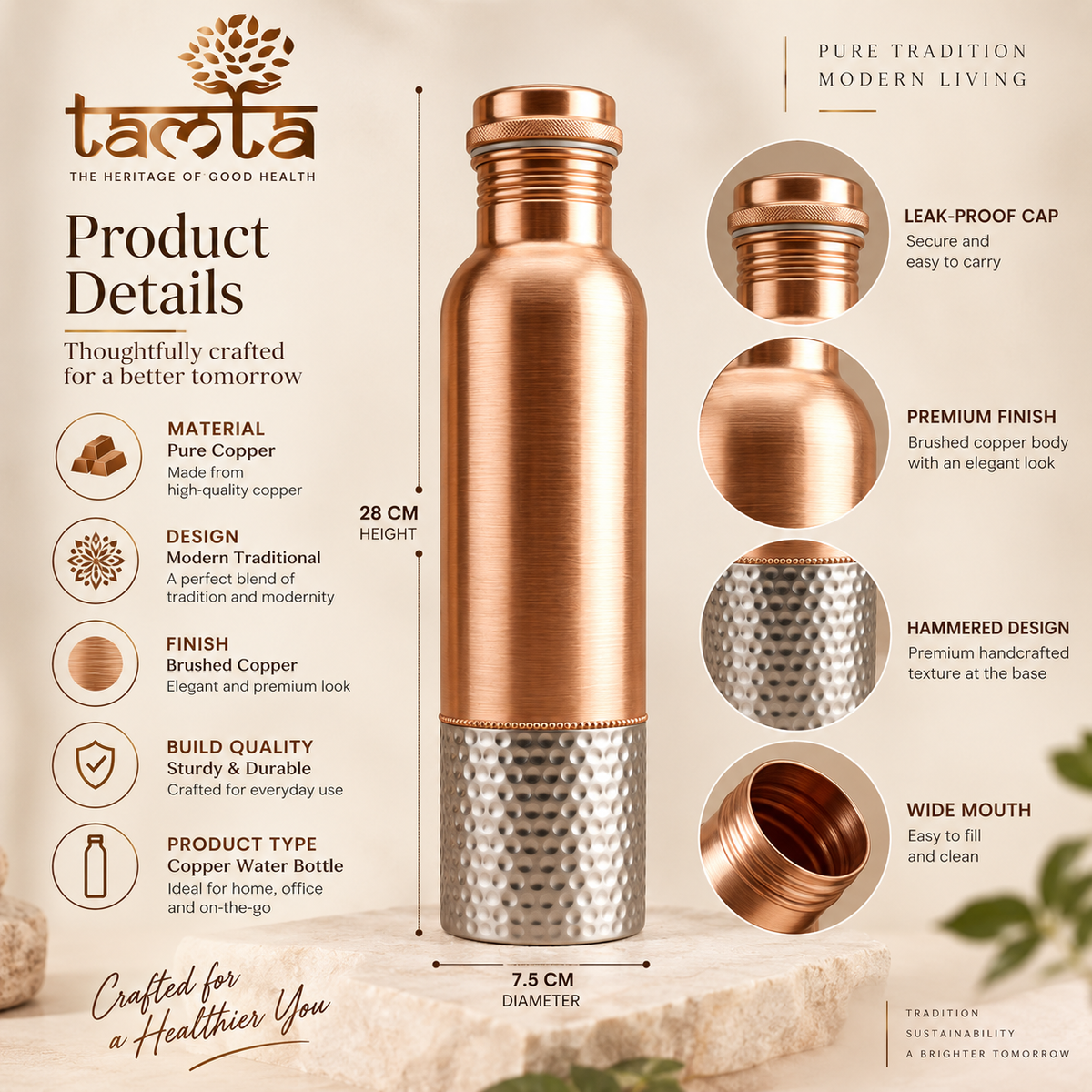 Tamtaware Handcrafted Pure Copper Water Bottle 950 ml – Dual Finish Smooth & Hammered
