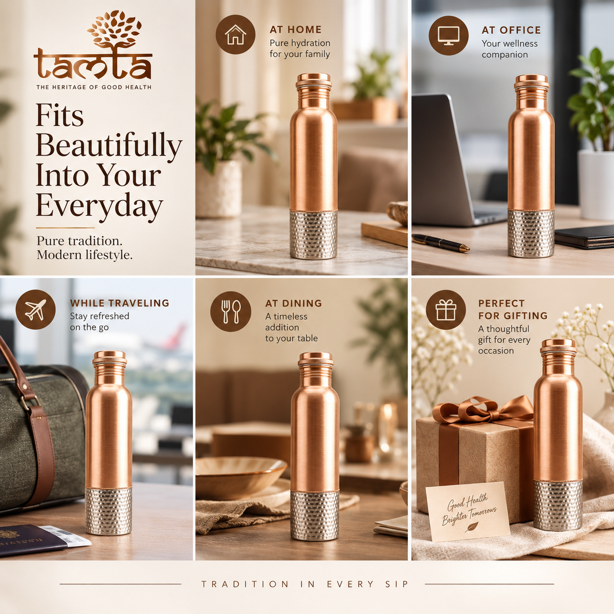 Tamtaware Handcrafted Pure Copper Water Bottle 950 ml – Dual Finish Smooth & Hammered
