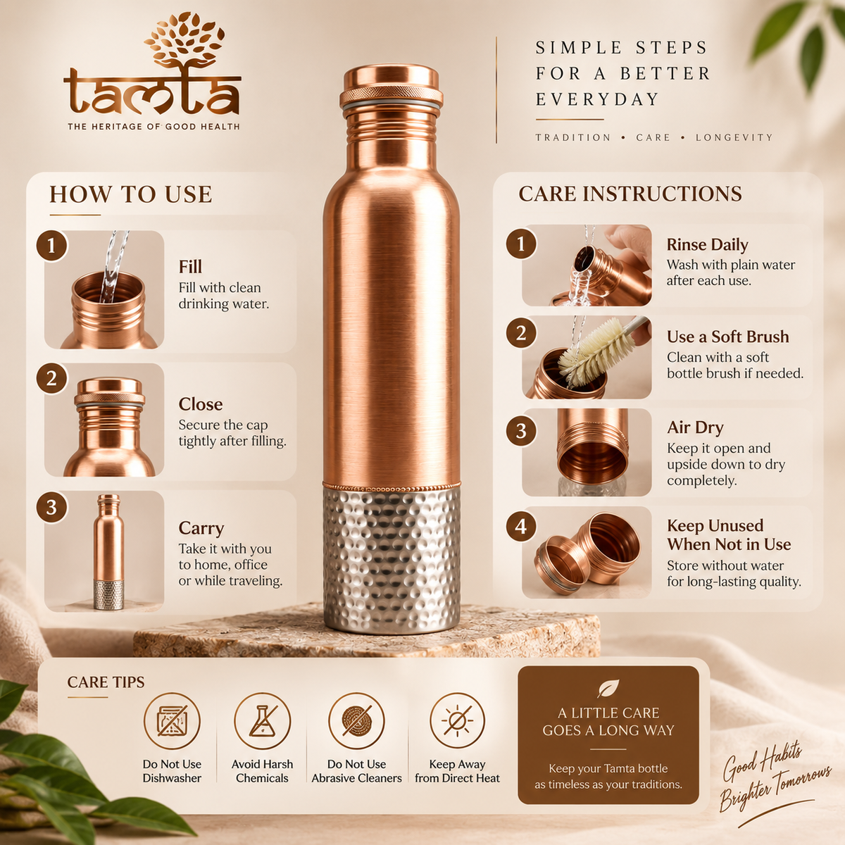 Tamtaware Handcrafted Pure Copper Water Bottle 950 ml – Dual Finish Smooth & Hammered