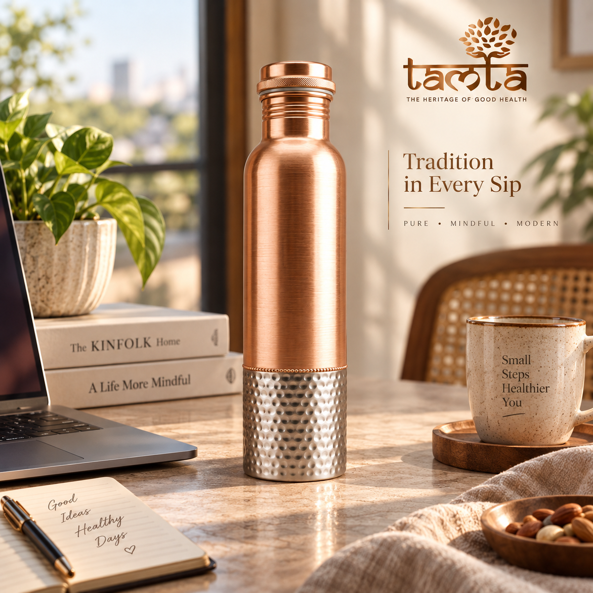 Tamtaware Handcrafted Pure Copper Water Bottle 950 ml – Dual Finish Smooth & Hammered