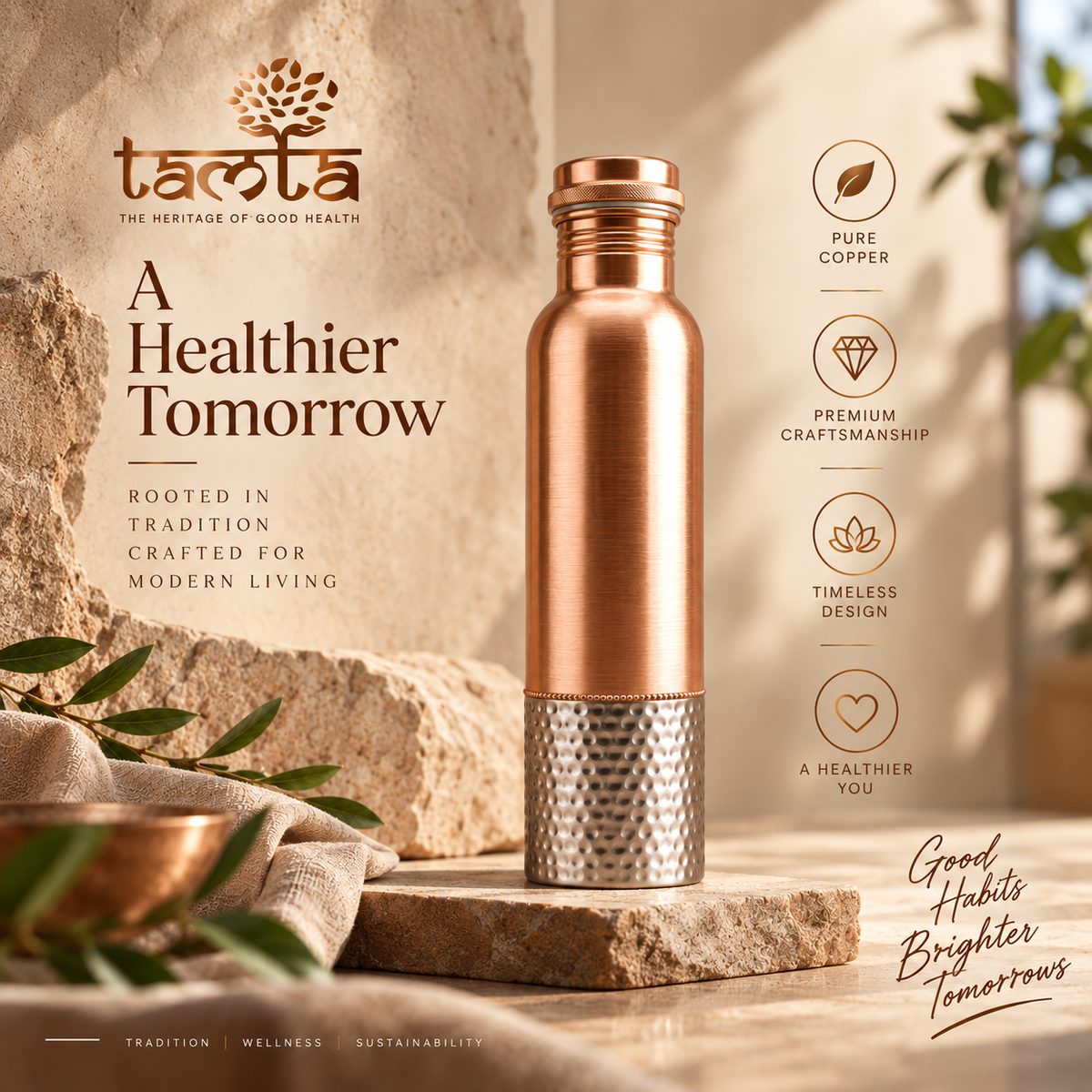 Tamtaware Handcrafted Pure Copper Water Bottle 950 ml – Dual Finish Smooth & Hammered