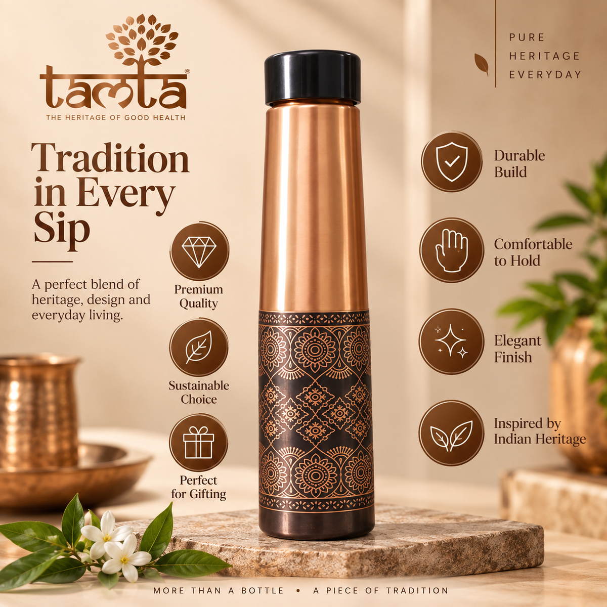 Tamtaware Handcrafted Pure Copper Water Bottle 900 ml – Antique Etched Pattern