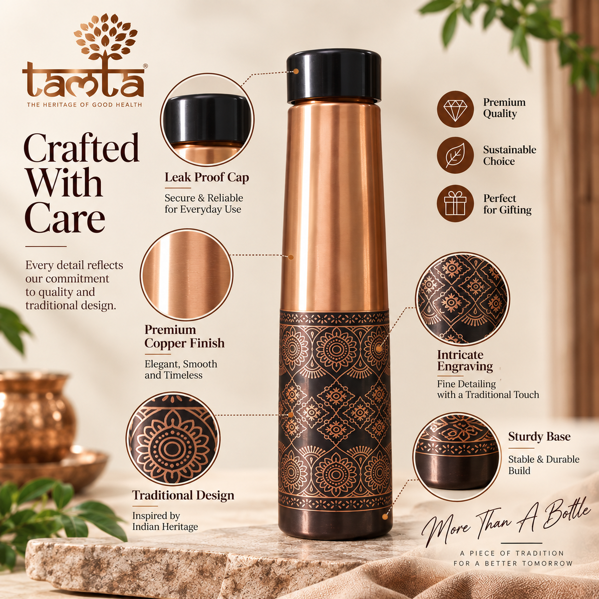 Tamtaware Handcrafted Pure Copper Water Bottle 900 ml – Antique Etched Pattern