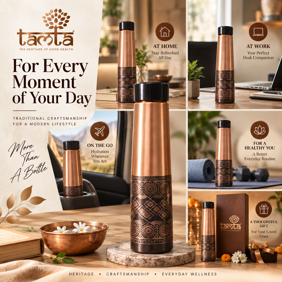 Tamtaware Handcrafted Pure Copper Water Bottle 900 ml – Antique Etched Pattern