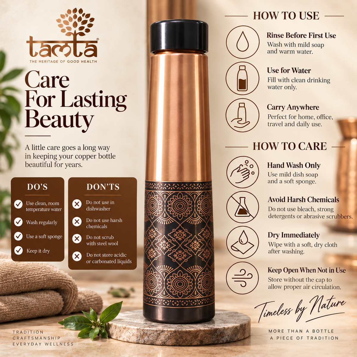 Tamtaware Handcrafted Pure Copper Water Bottle 900 ml – Antique Etched Pattern