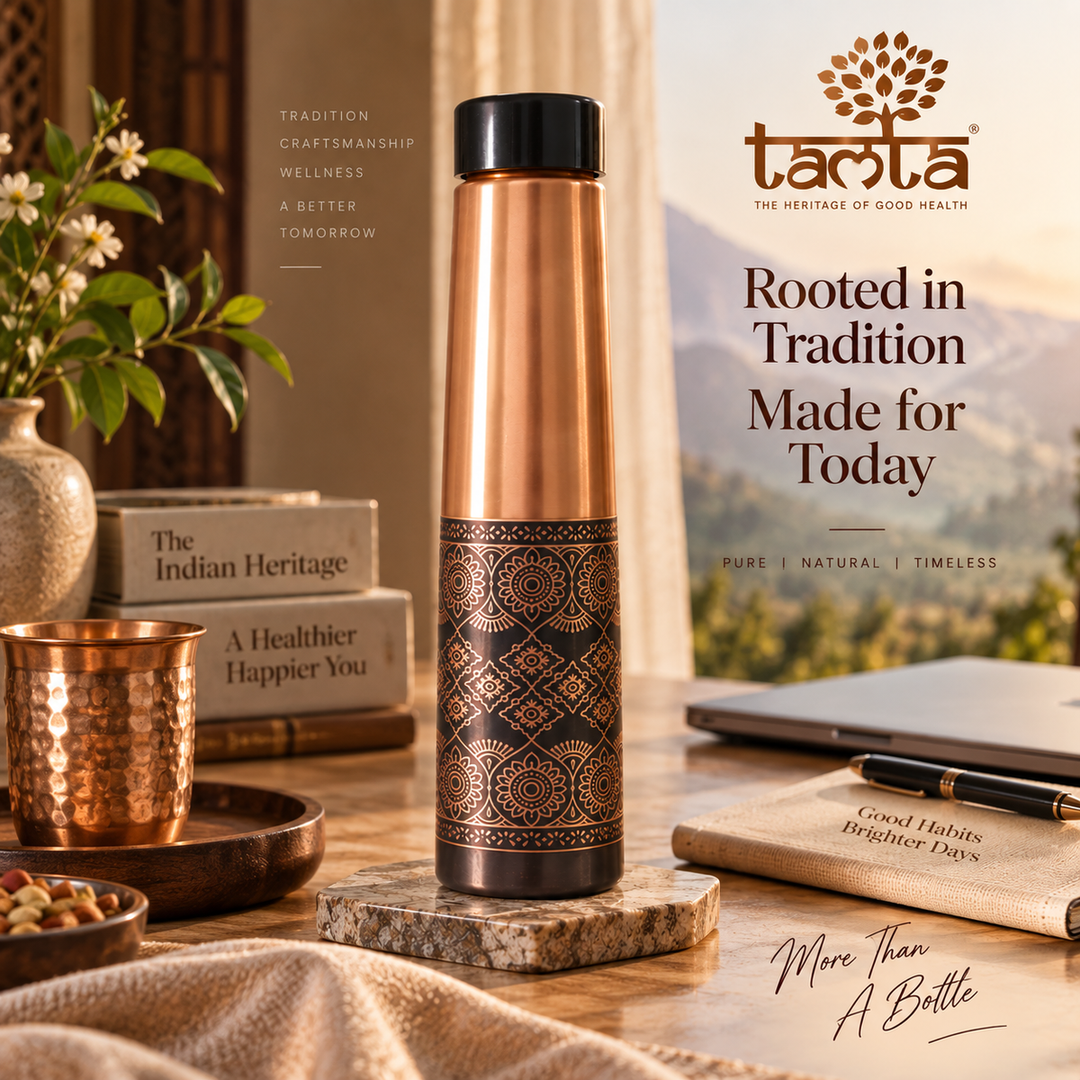 Tamtaware Handcrafted Pure Copper Water Bottle 900 ml – Antique Etched Pattern