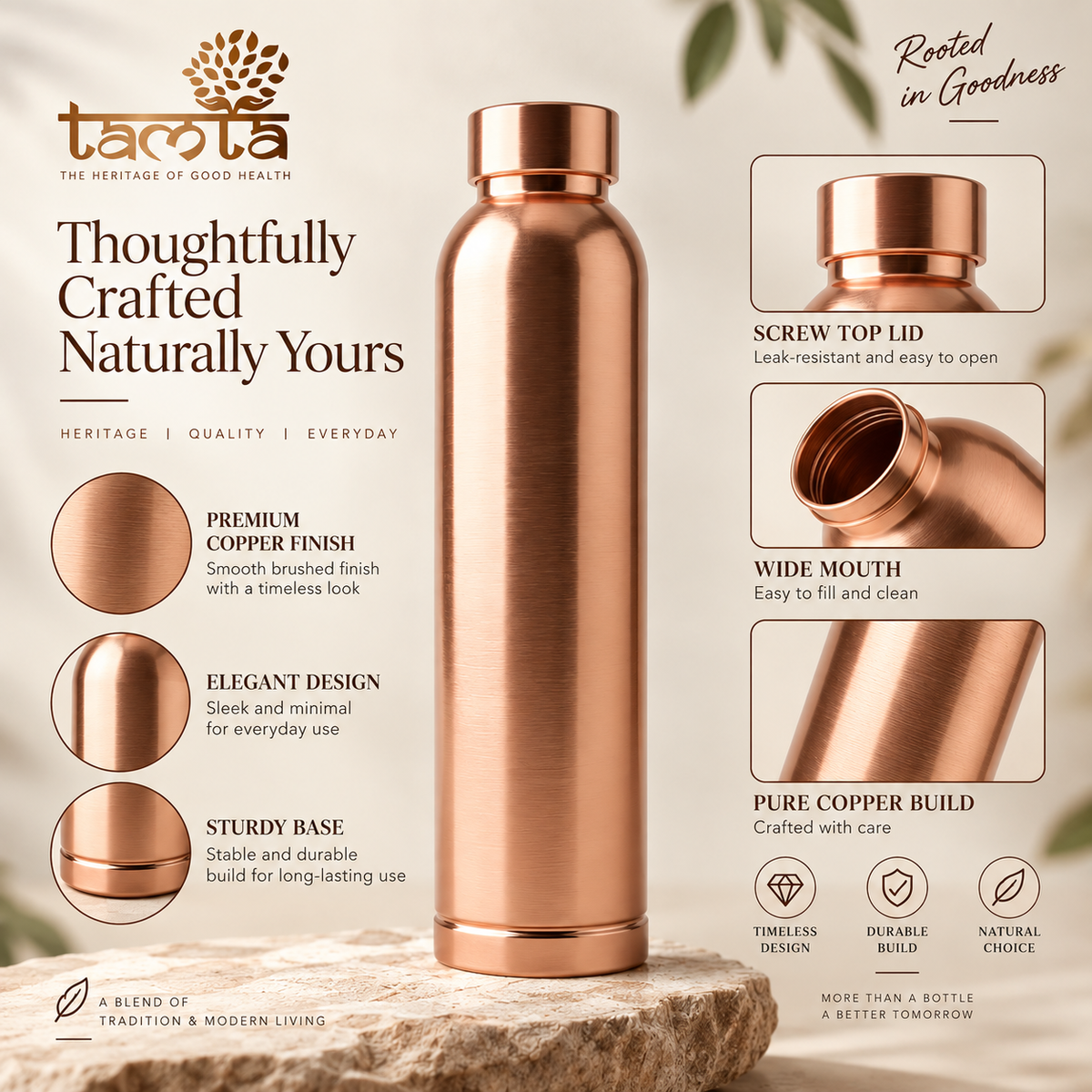 Tamtaware Tamra Pure Copper Water Bottle (950 ml) – Matte Finish Leak-Proof