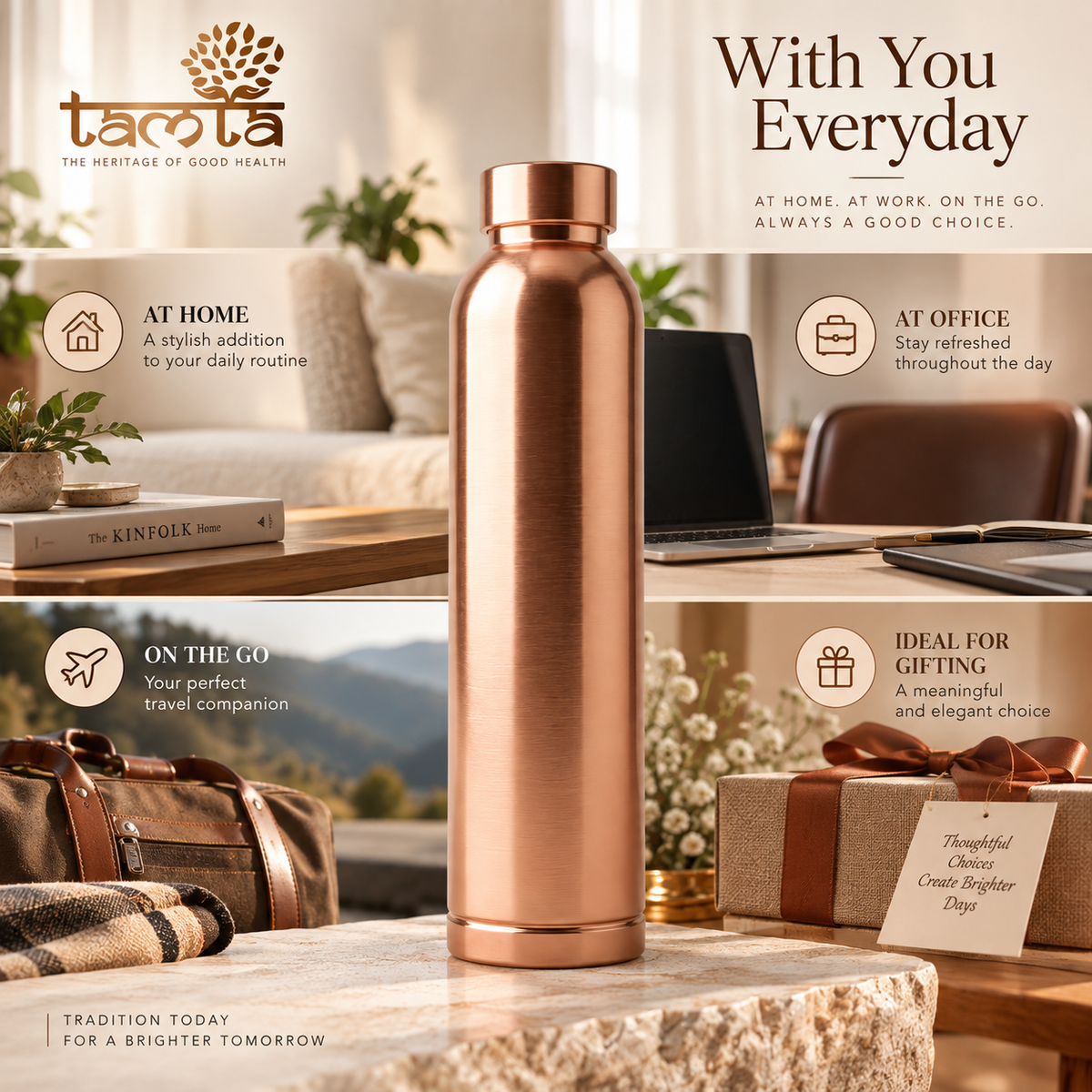 Tamtaware Tamra Pure Copper Water Bottle (950 ml) – Matte Finish Leak-Proof
