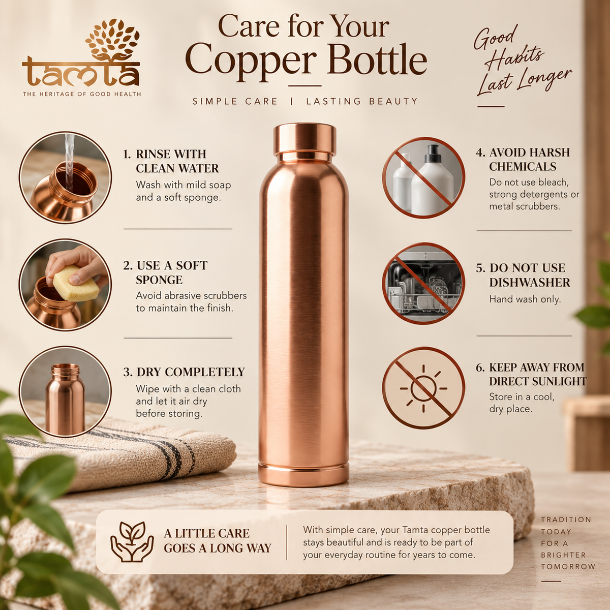 Tamtaware Tamra Pure Copper Water Bottle (950 ml) – Matte Finish Leak-Proof