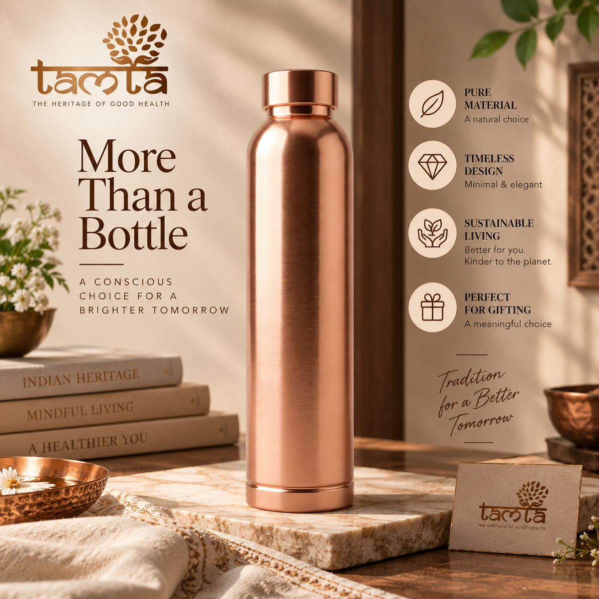 Tamtaware Tamra Pure Copper Water Bottle (950 ml) – Matte Finish Leak-Proof