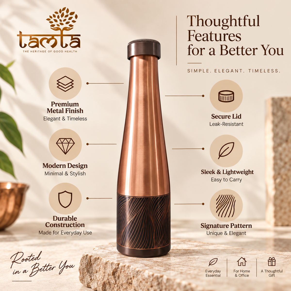 Tamtaware Handcrafted Pure Copper Water Bottle 950 ml – Sleek Glossy Tapered Bottle