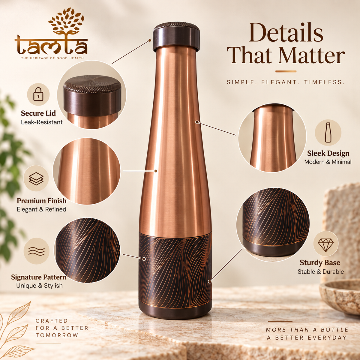 Tamtaware Handcrafted Pure Copper Water Bottle 950 ml – Sleek Glossy Tapered Bottle