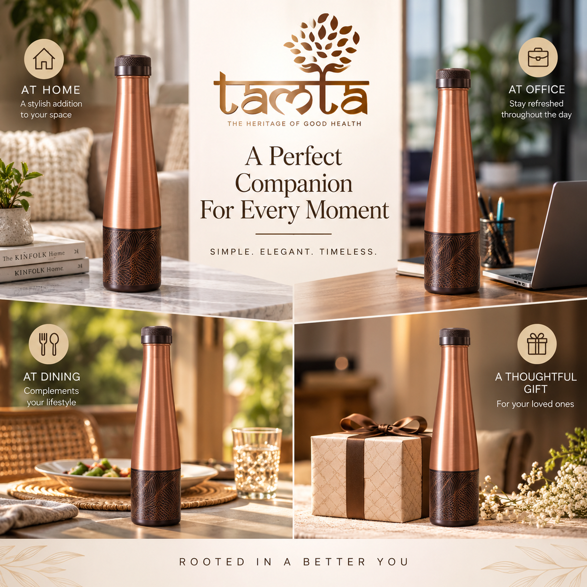 Tamtaware Handcrafted Pure Copper Water Bottle 950 ml – Sleek Glossy Tapered Bottle