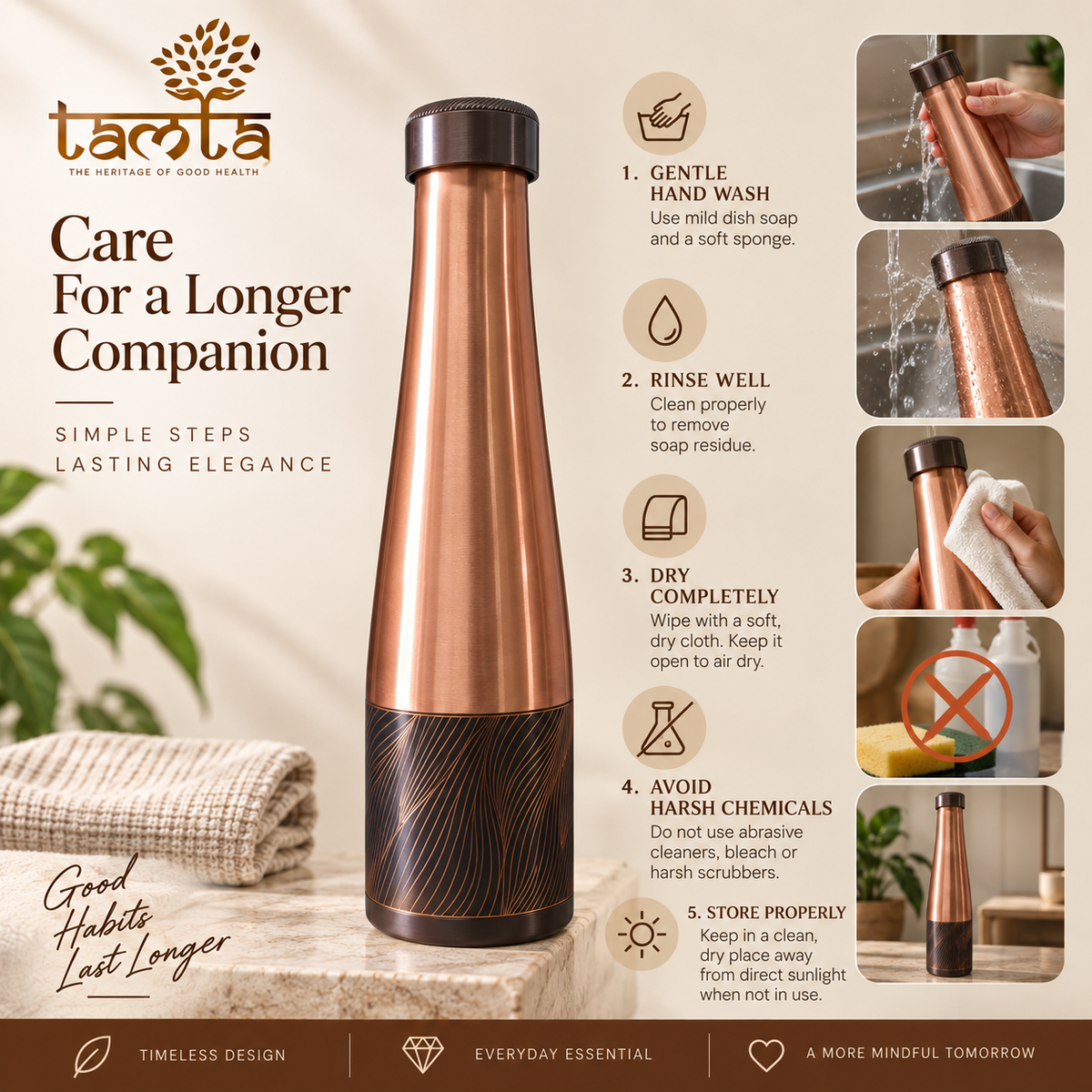 Tamtaware Handcrafted Pure Copper Water Bottle 950 ml – Sleek Glossy Tapered Bottle