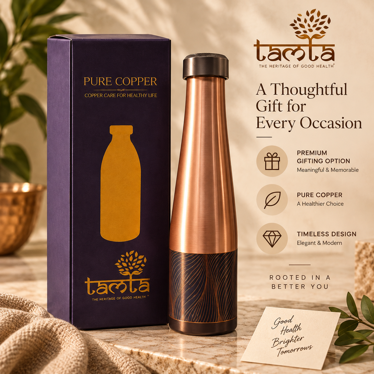 Tamtaware Handcrafted Pure Copper Water Bottle 950 ml – Sleek Glossy Tapered Bottle