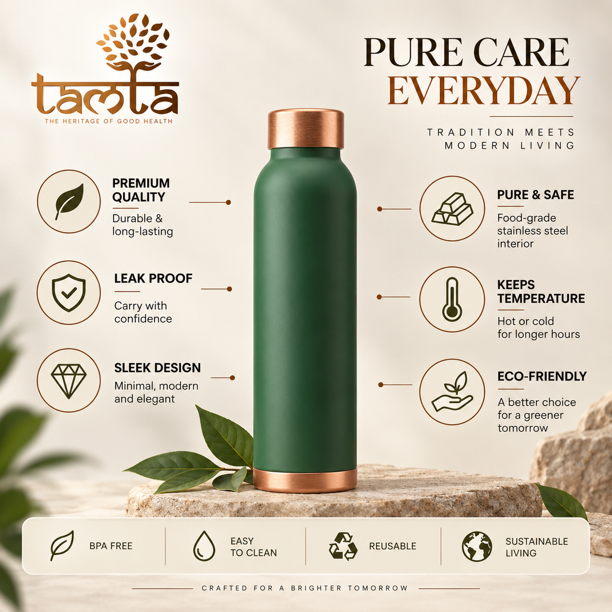 TIVRA Classic Matte Copper Bottle – 950 ml
