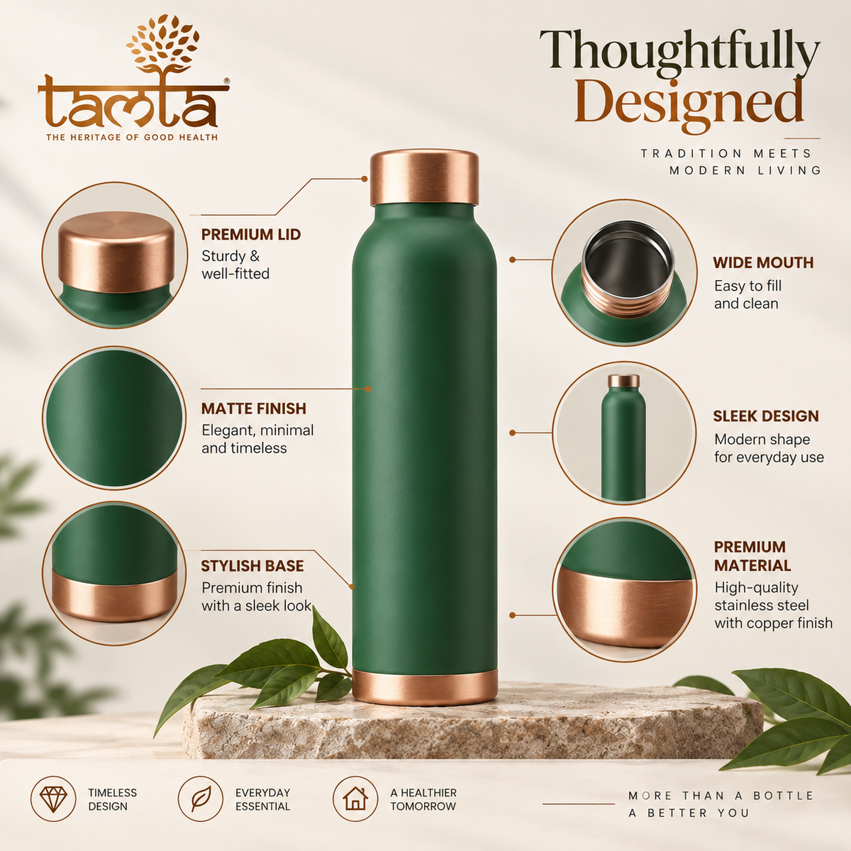 TIVRA Classic Matte Copper Bottle – 950 ml