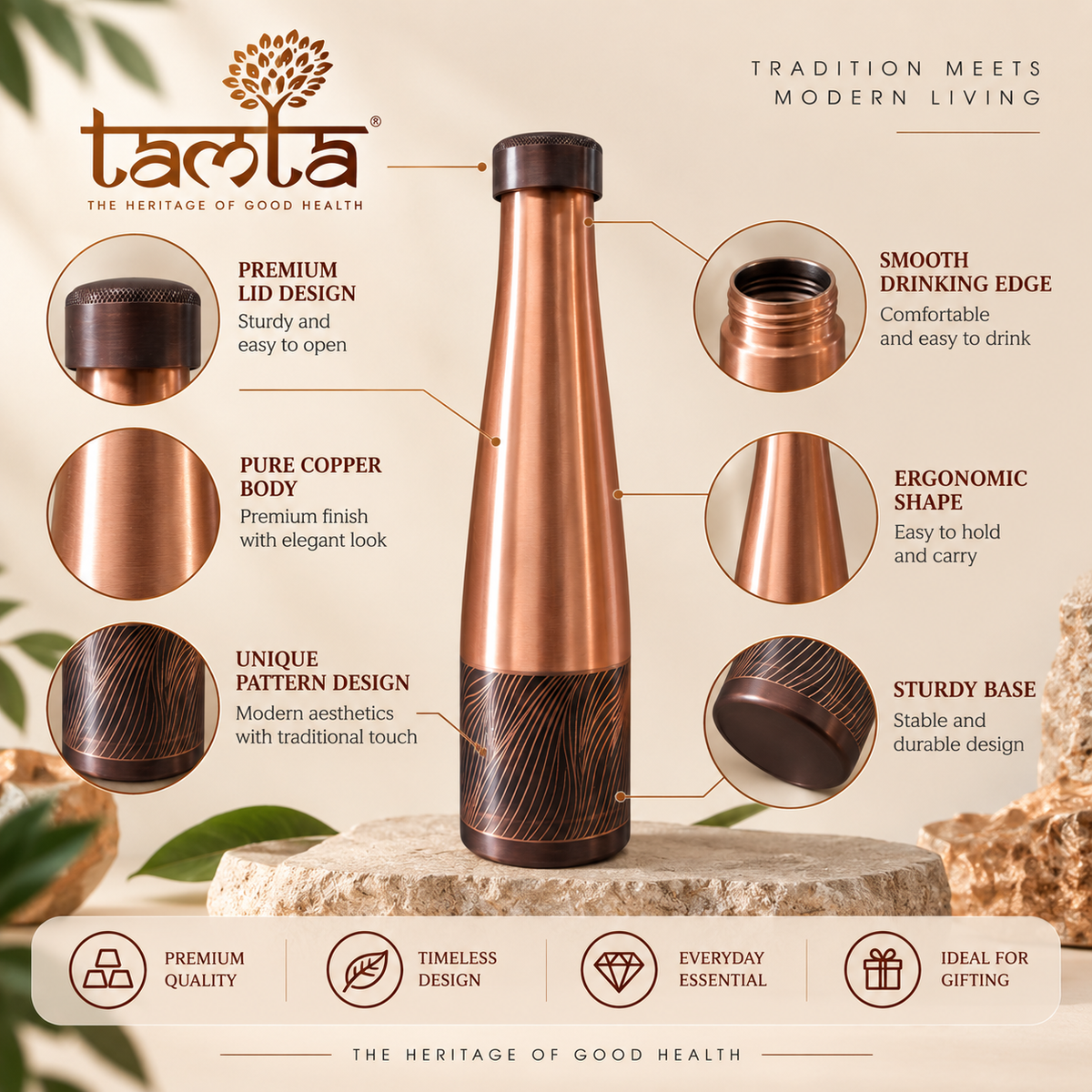 Tamtaware Handcrafted Pure Copper Water Bottle 950 ml – Sleek Glossy Tapered Bottle