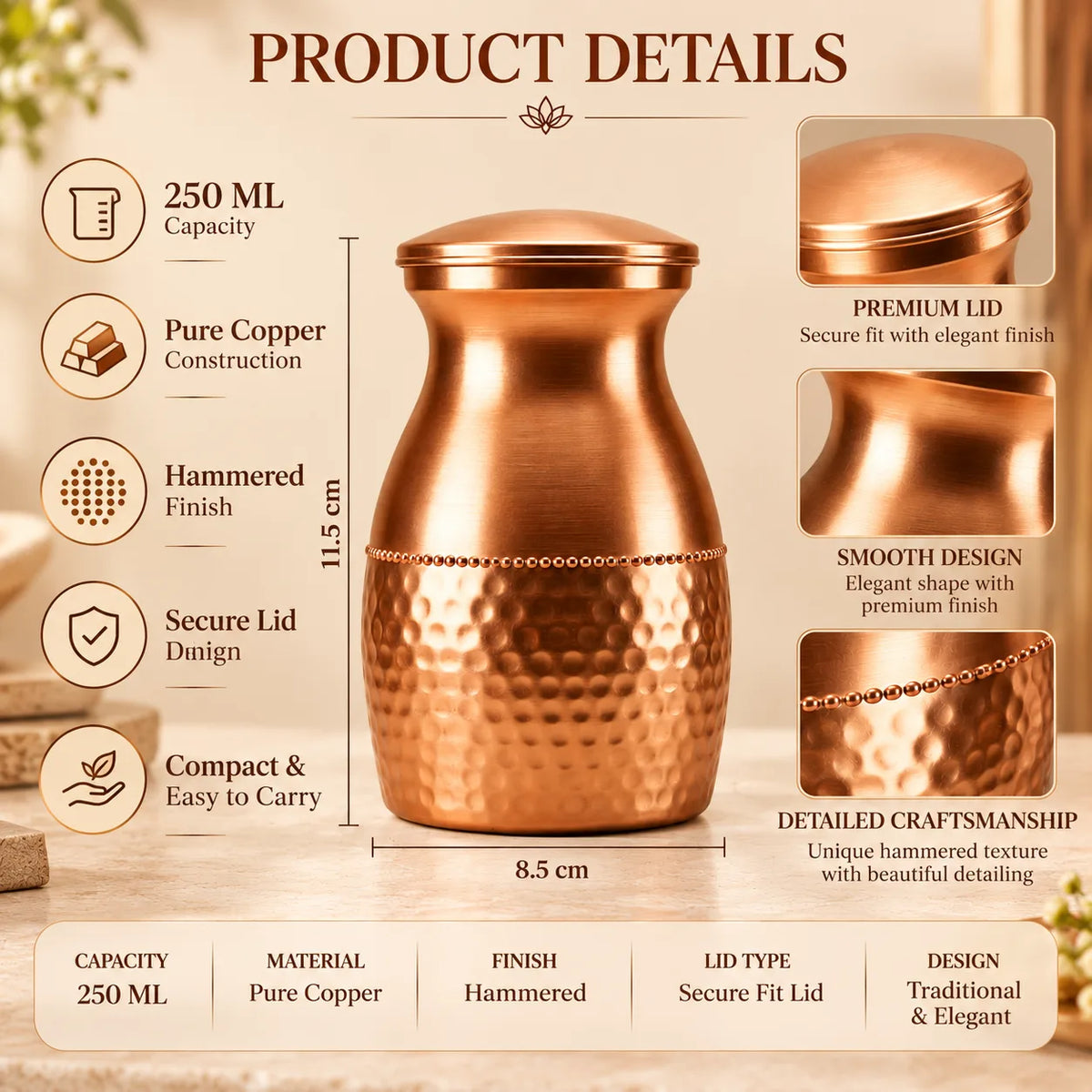 Tamtaware Compact Pure Copper Water Bottle 400 ml – Half Hammered Surai Bottle
