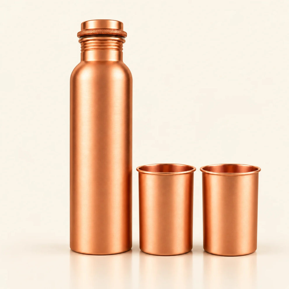 Tamtaware Pure Copper Water Bottle & Tumbler Set (950 ml Matte Bottle + 2x 250 ml Matte Glasses)