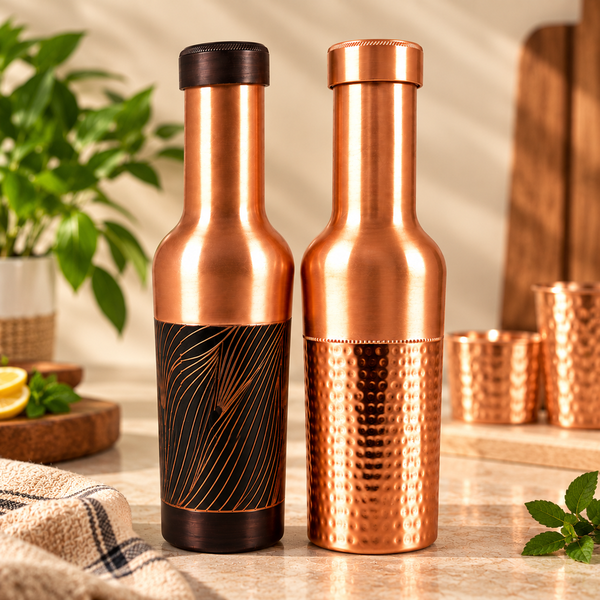 Tamtaware Premium Pure Copper Water Bottle Combo (Set of 2, 950 ml Each) – Half-Hammered & Etched Designer