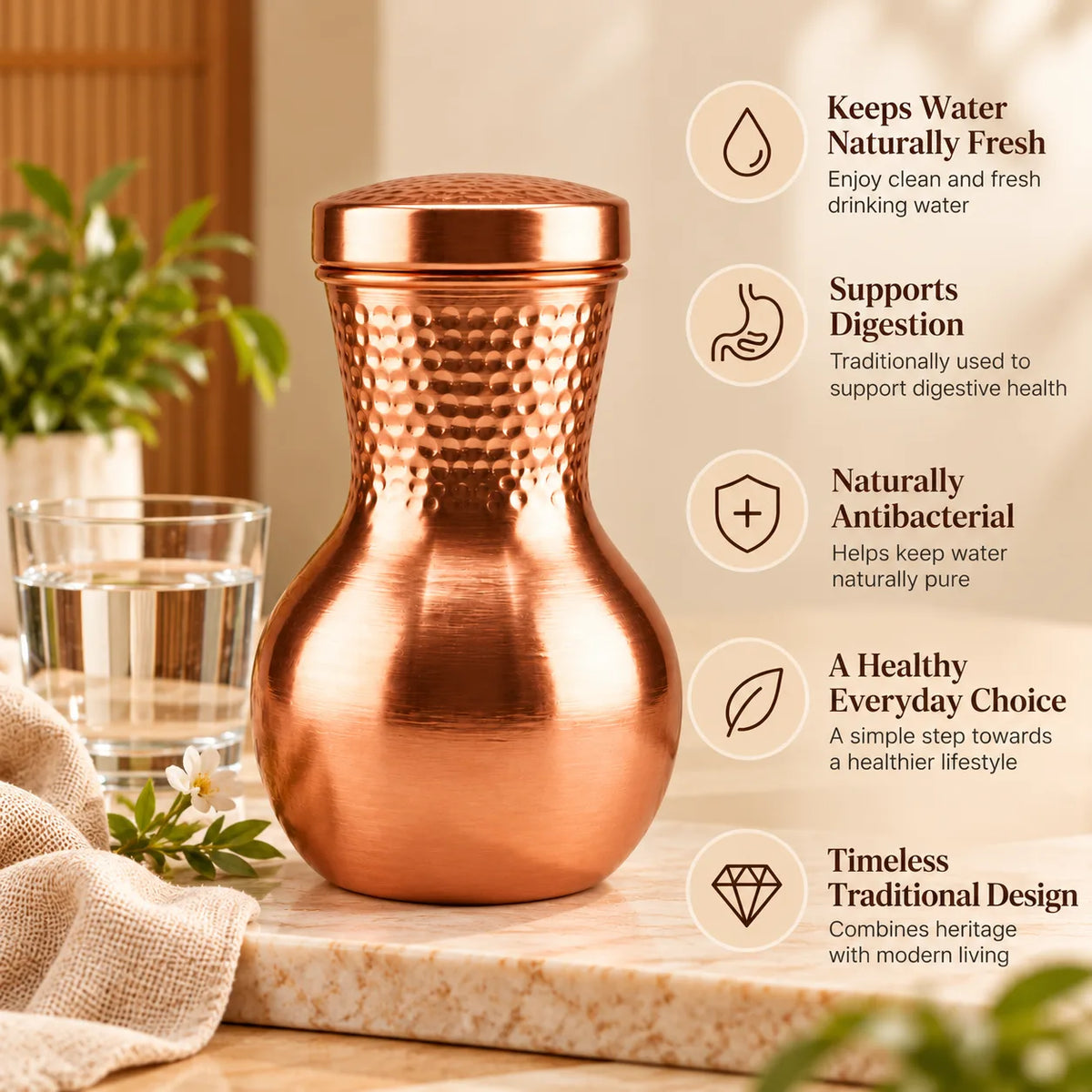 Tamtaware Pure Copper Water Pot Carafe (950 ml) – Matte Finish with Hammered Neck