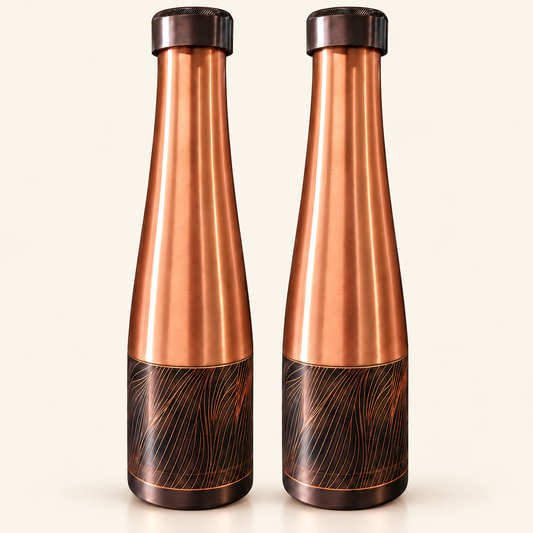 Tamtaware Handcrafted Pure Copper Water Bottle 950 ml – Sleek Glossy Tapered Bottle Set of 2
