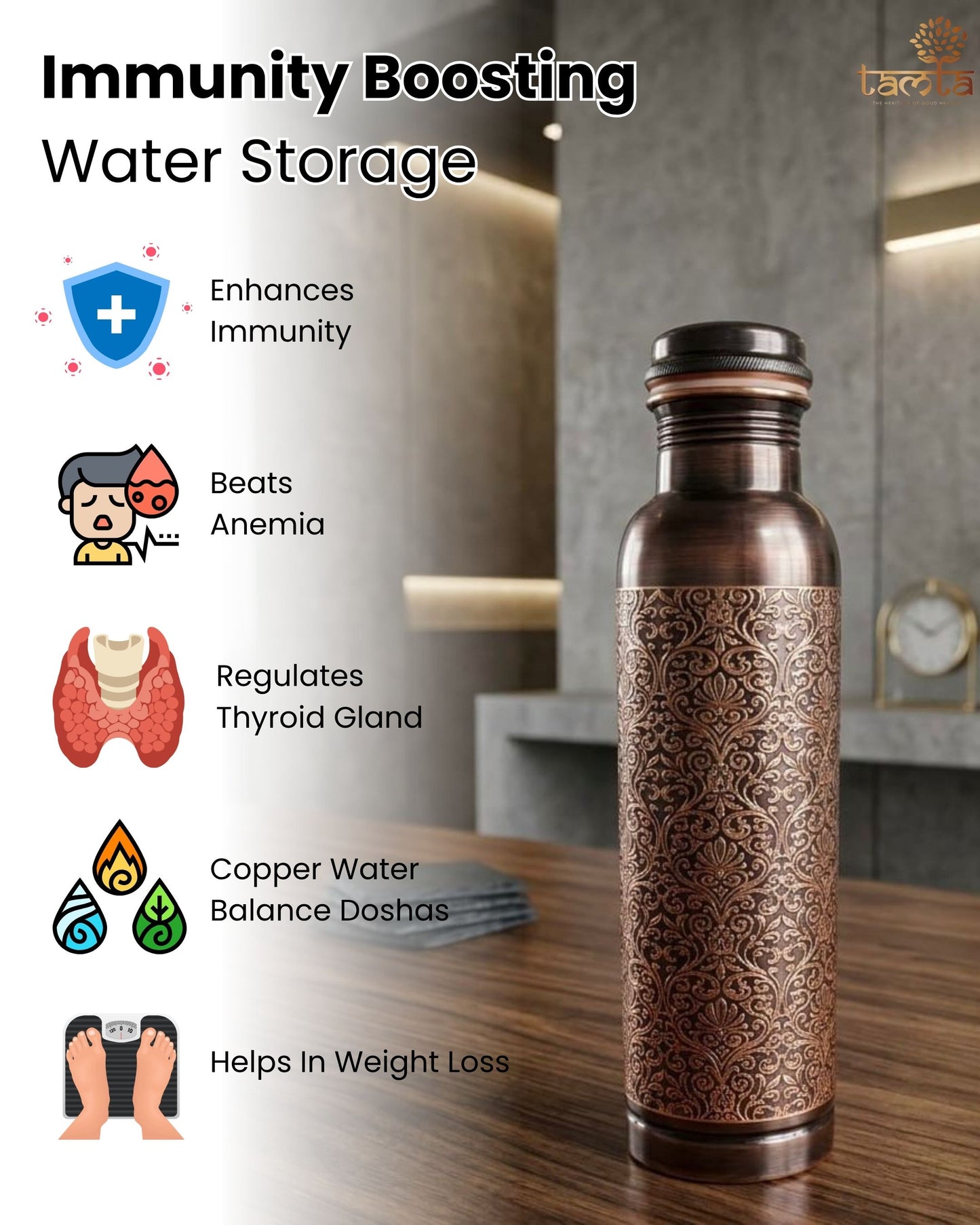 ETCHING Heritage Copper Bottle – Royal Matte Etch Edition 950 ml E005 - स्वास्थ्य