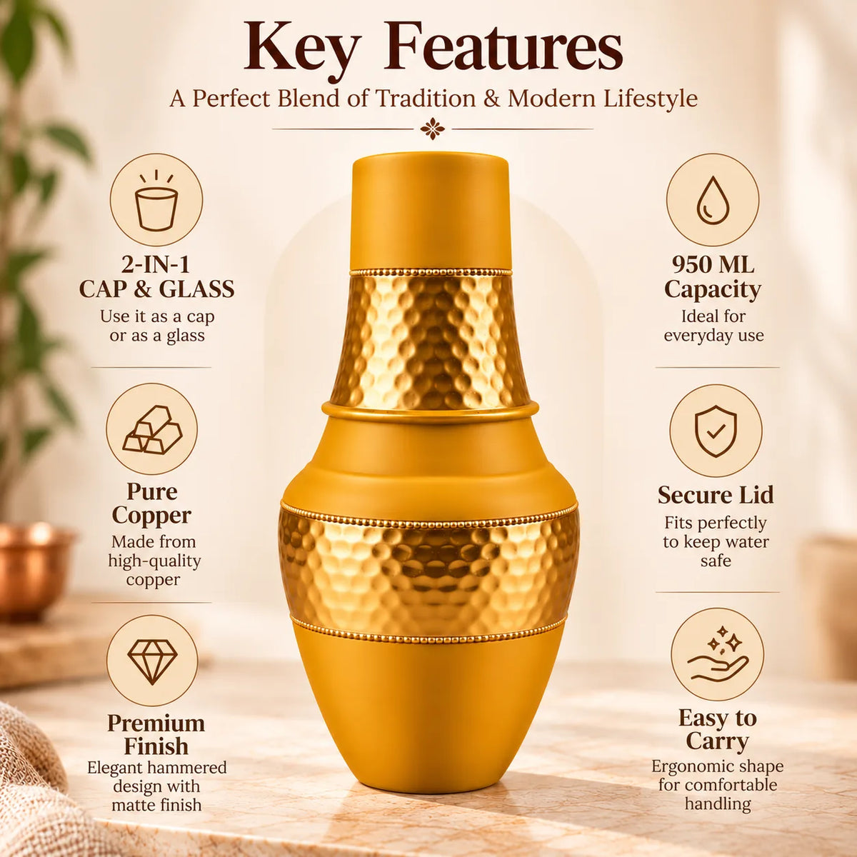 Tamtaware SURAI Designer Copper Bottle 950 ml with Glass Lid (Mustard Yellow)