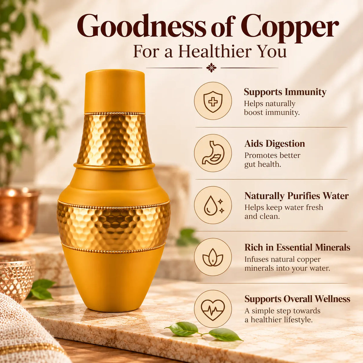 Tamtaware SURAI Designer Copper Bottle 950 ml with Glass Lid (Mustard Yellow)