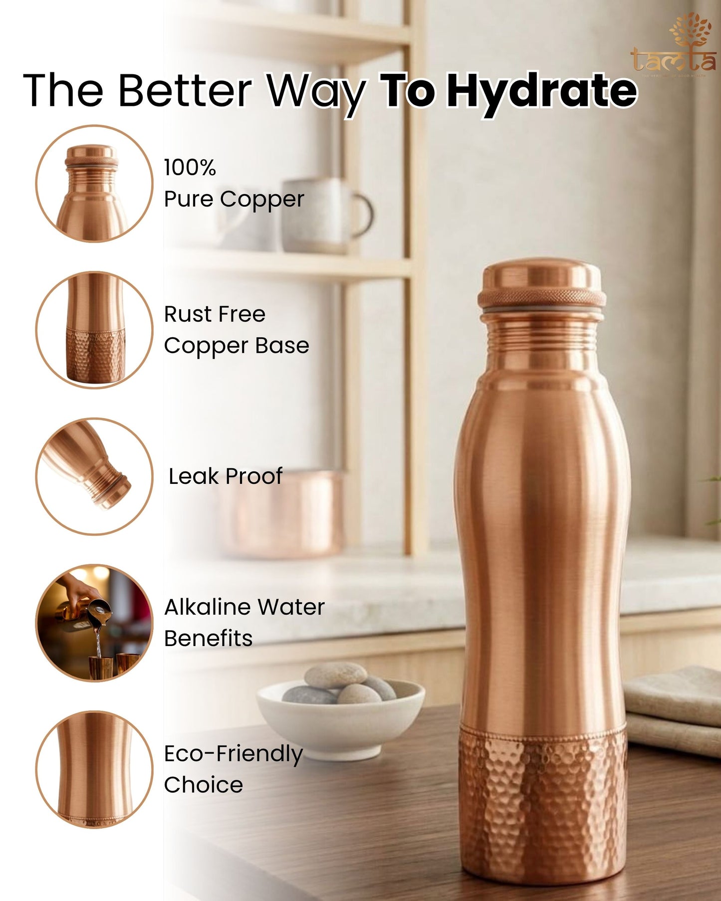 TATVA Ergonomic Copper Bottle – Half Hammered 950 ml H003 - अमृत