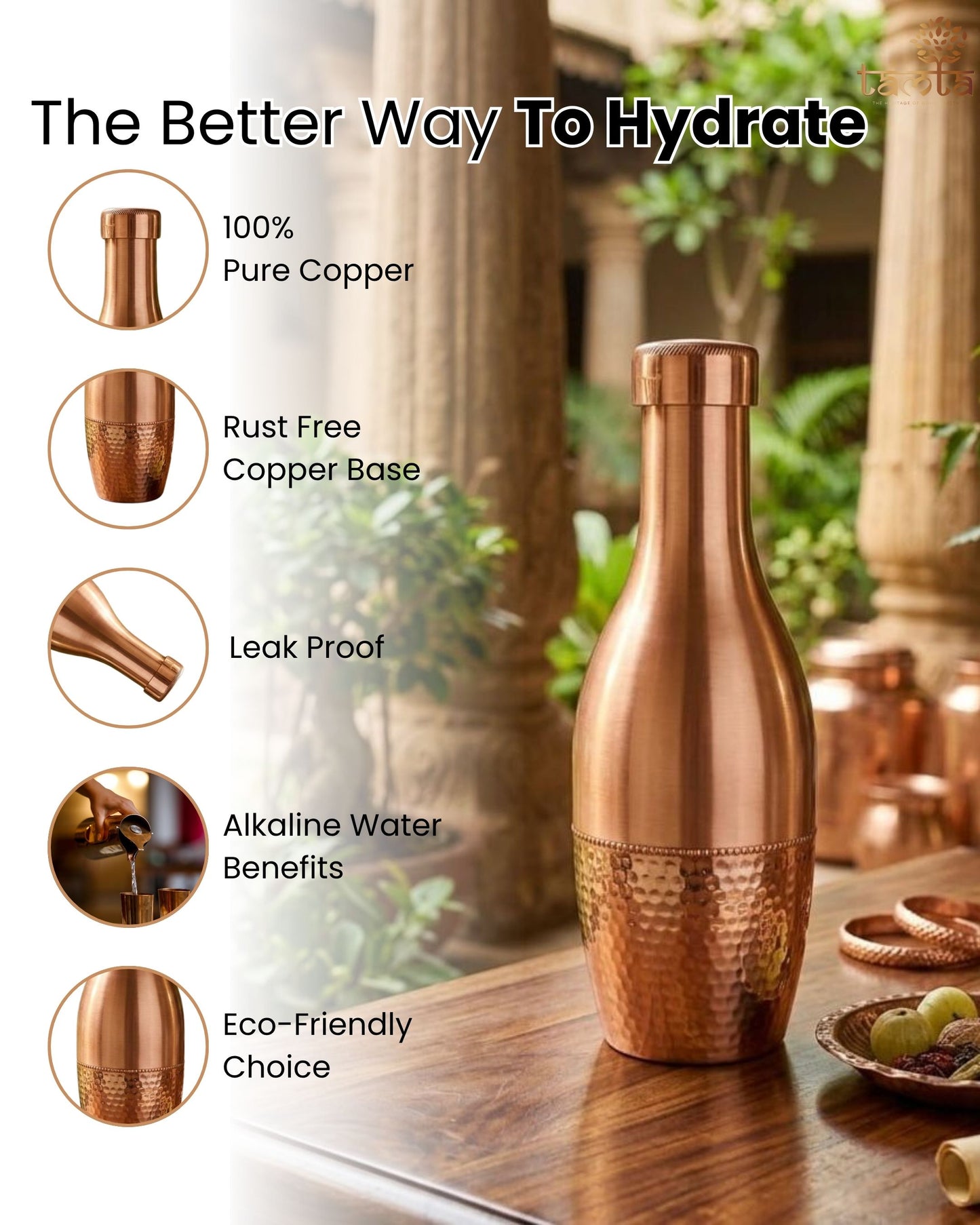 Pure Copper Water Bottle Tatva H007 – Hammered Finish, 1100 ml शुद्ध