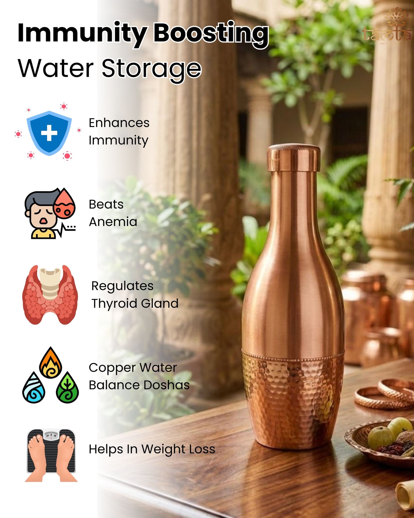 Pure Copper Water Bottle Tatva H007 – Hammered Finish, 1100 ml शुद्ध