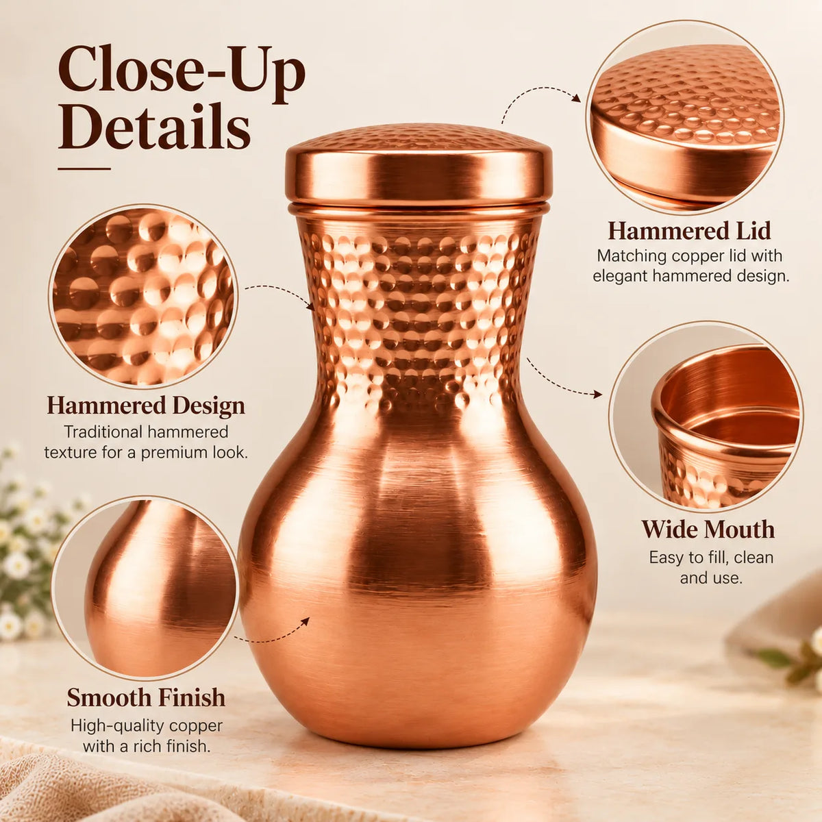 Tamtaware Pure Copper Water Pot Carafe (950 ml) – Matte Finish with Hammered Neck
