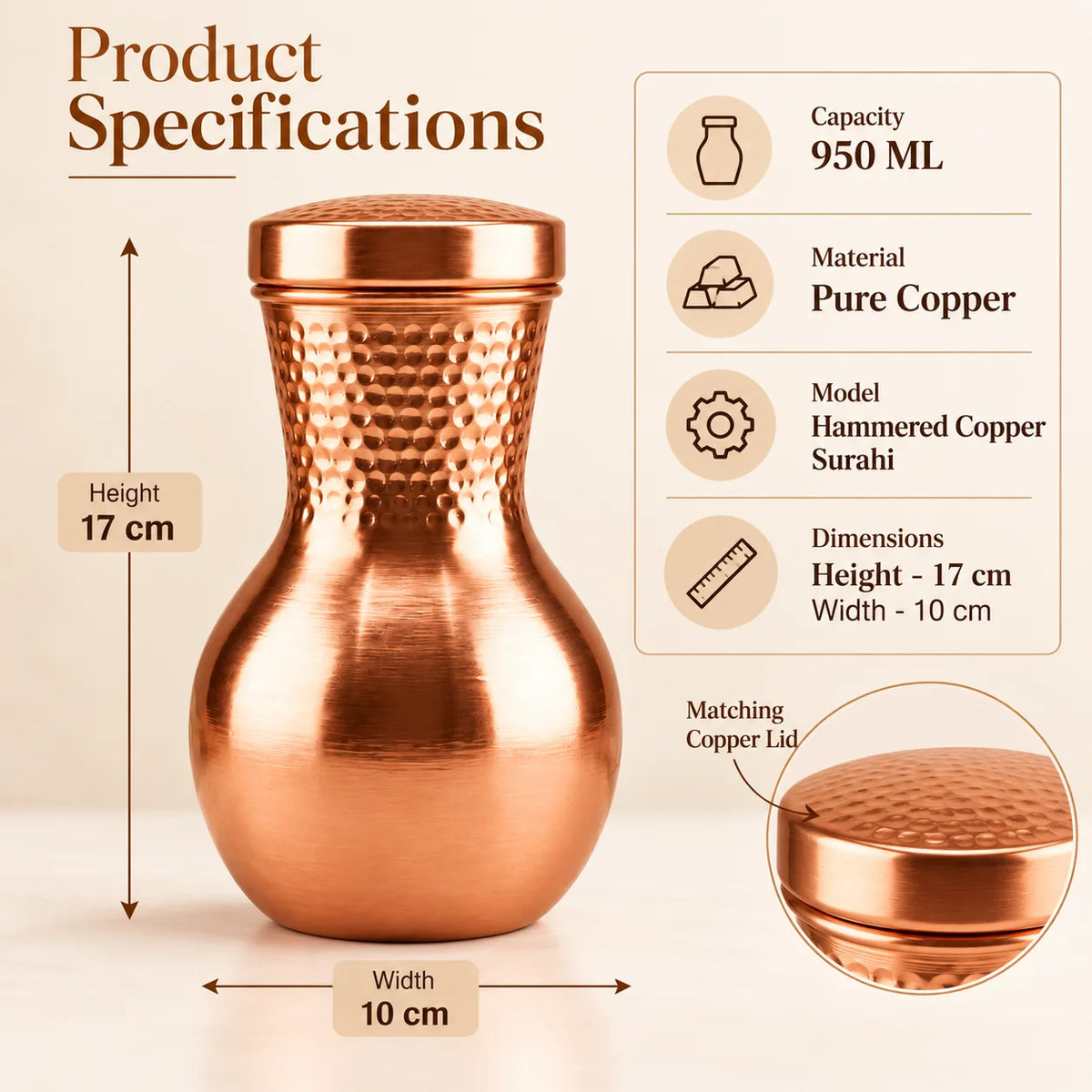 Tamtaware Pure Copper Water Pot Carafe (950 ml) – Matte Finish with Hammered Neck
