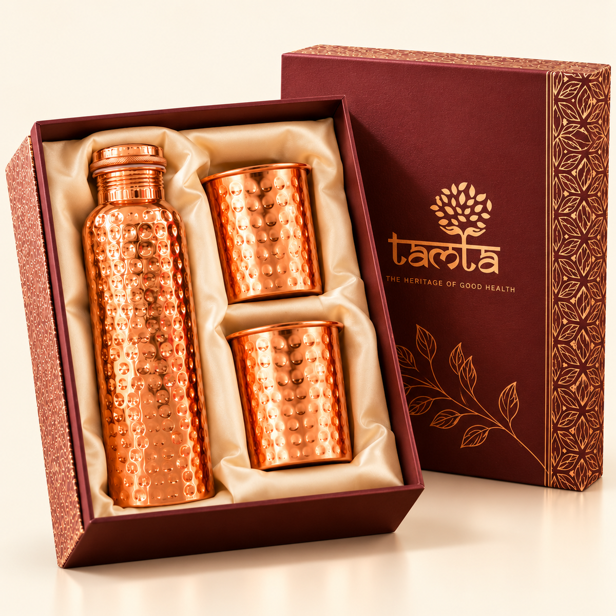 Tamtaware Pure Copper Water Bottle & Glass Set (950 ml Hammered Bottle + 2x 250 ml Hammered Glasses)