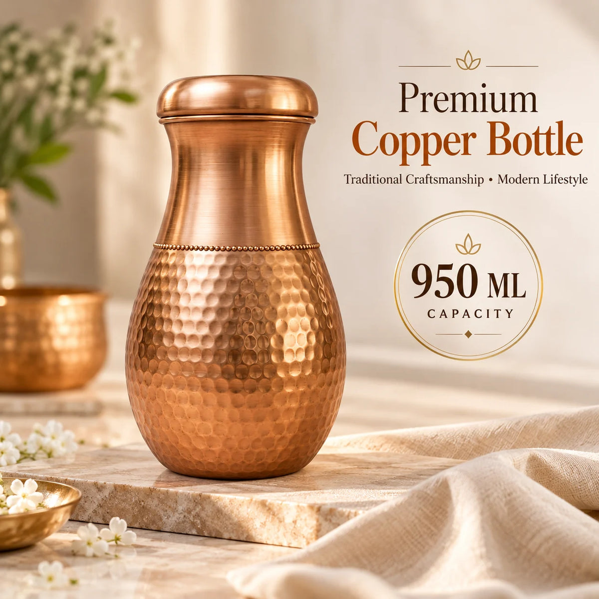 Tamtaware Handcrafted Pure Copper Water Bottle 950 ml – Half Hammered Surai Bottle